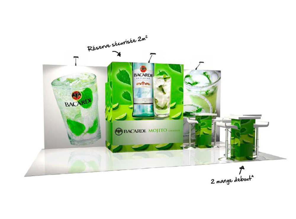 Stand pré-monté 18m2 avec îlot S’com Services