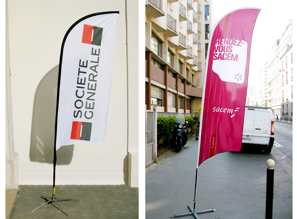 Drapeaux publicitaires Société Générale et Sacem