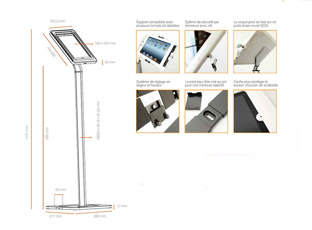 Détails techniques du support tablette